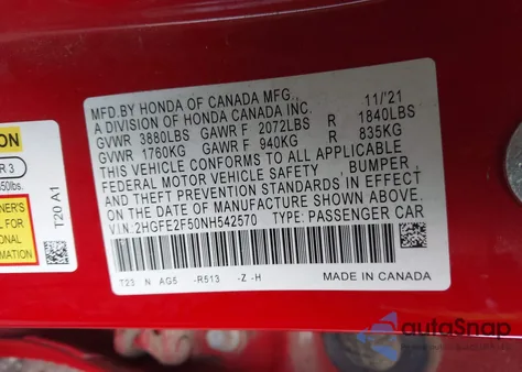 2022 Honda Civic Sport z USA, uszkodzony, nr VIN 2HGFE2F50NH542570